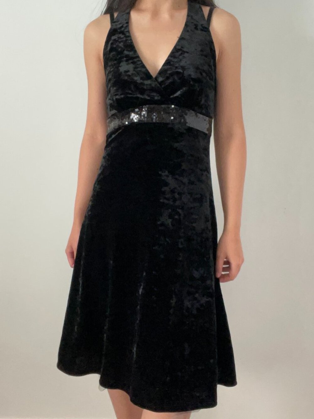 Y2K 90s Vintage Velvet Halter Neck Midi Dress Sequin Waistband Prom Whimsigoth